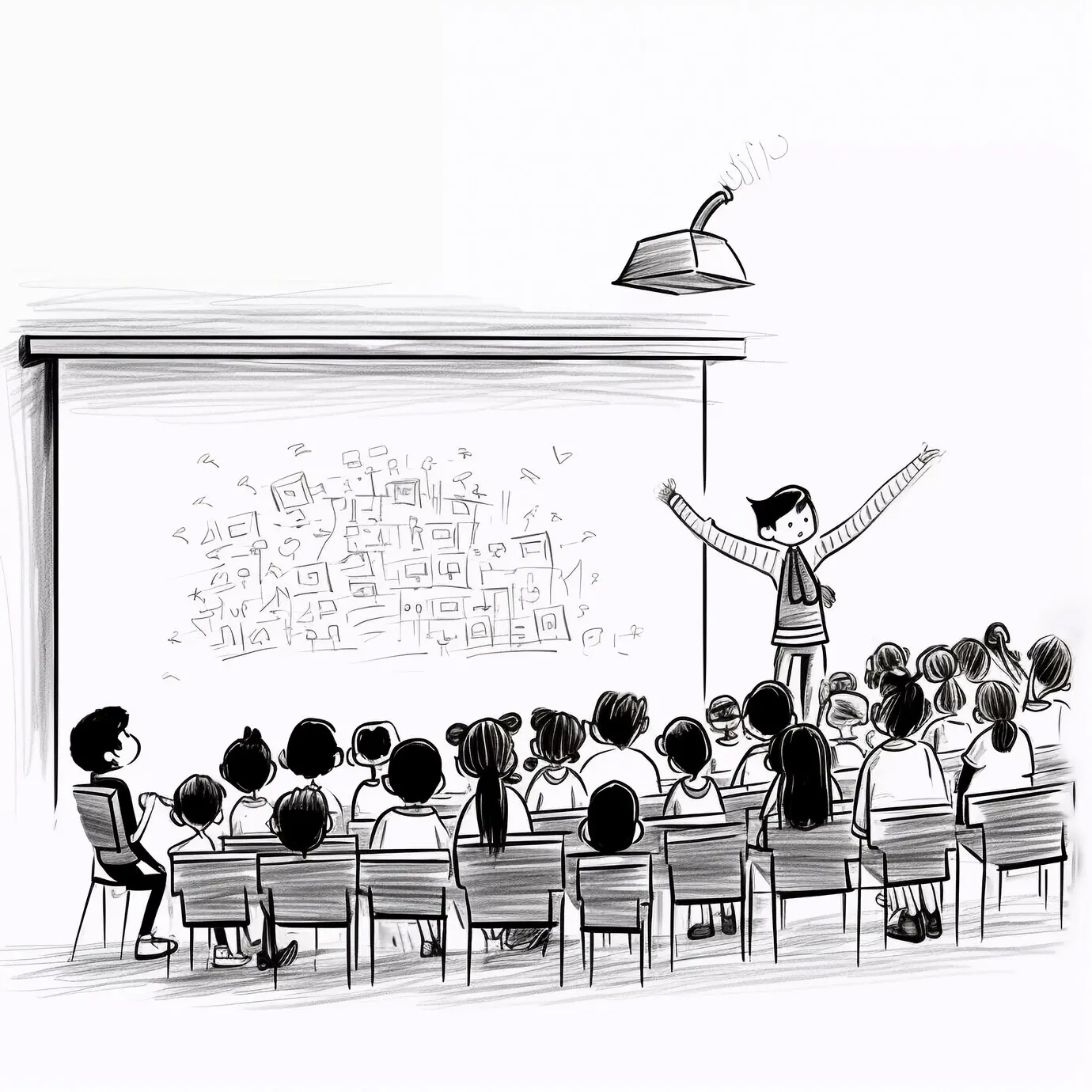 Digitale Kunst, die junge Schülerinnen und Schüler beim Schulunterricht zeigt.